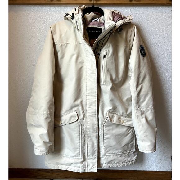 Lands' End Waterproof Down Parka Jacket Cream M 10-12 Detachable Hood Winter - Picture 1 of 11